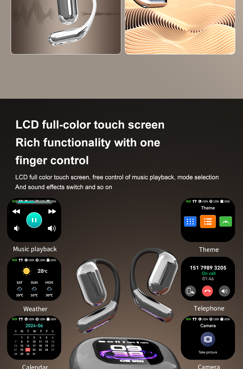 Bluetooth Wireless Earbuds V5.4, EarBuds with LCD Full Color Touch Screen, 35db ANC ENC Noise Cancelling, Multi-funtional Over-Ear Earphones for iOS, Android, Sports, Workout, Fitness-Soundcross (HK) Technology Co.,Limited