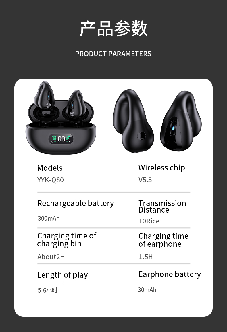 Clip On Wireless Earbuds Bluetooth V5.3 Open Ear Air Conduction Headphones with LED Digital Display Charging Case Sport Earphones Built-in ENC Noise Reduction Mic for Running Walk Gym, Workout Fitness-Soundcross (HK) Technology Co.,Limited