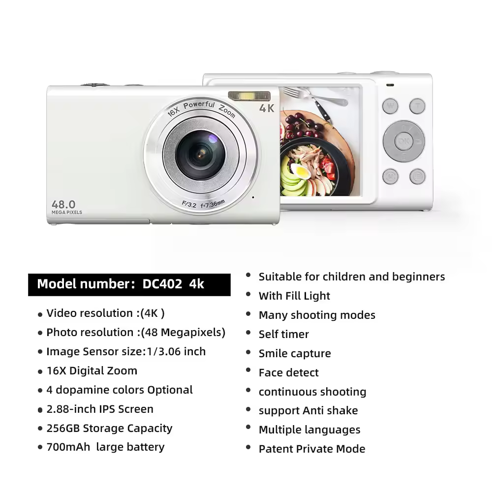 DC402 48MP 16X Zoom Dual Lens Digital Camera – 4K Vlog Camera with 2.88" IPS Screen, Smile Capture & LED Fill Light - Image 5